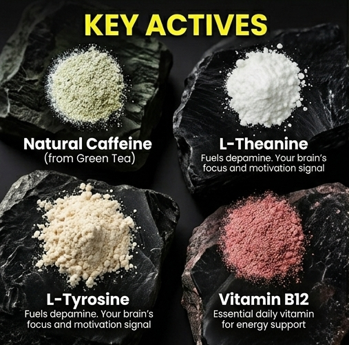 RAZE key actives — caffeine, L-Theanine, L-Tyrosine, Vitamin B12